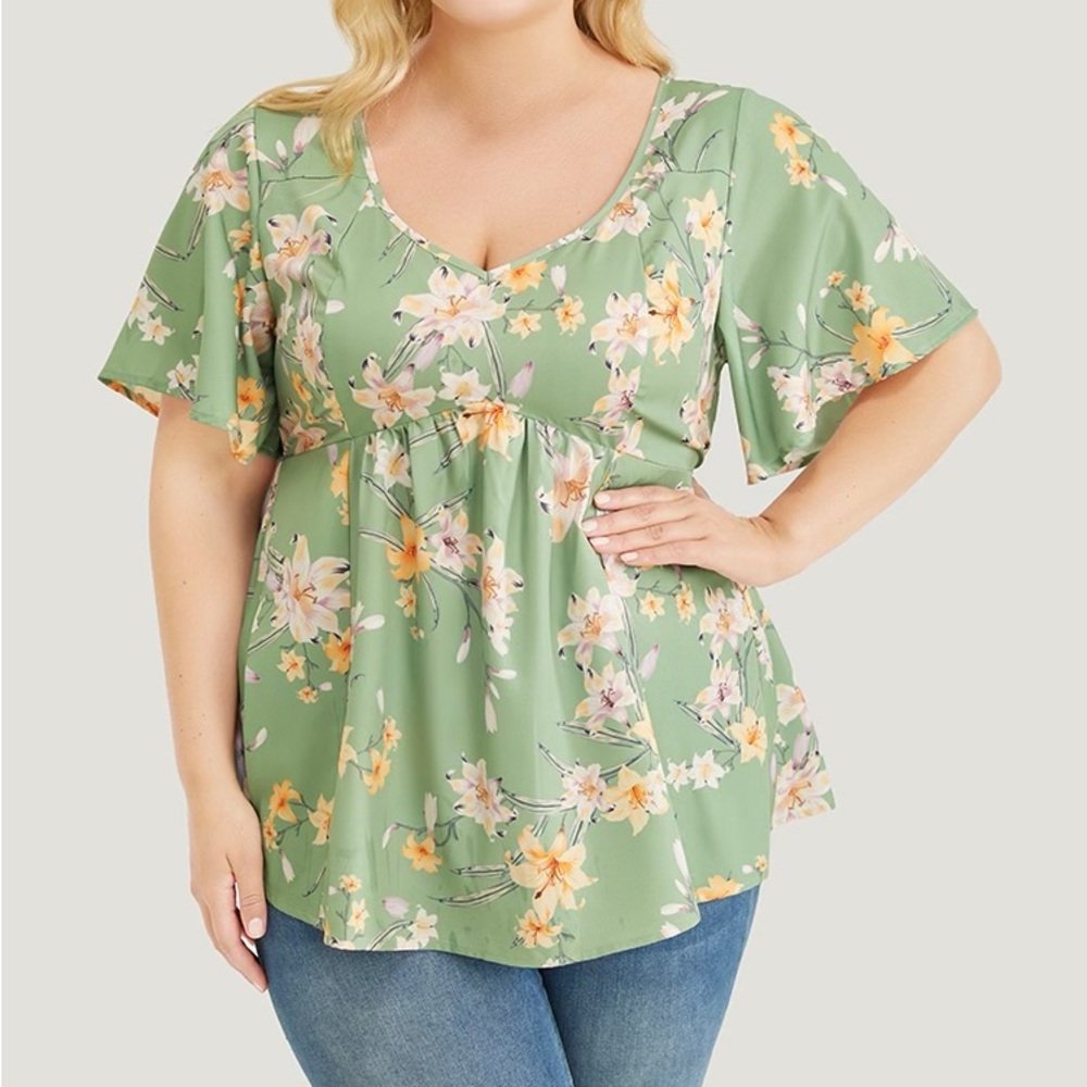 BloomChic Sage Green Floral Babydoll Blouse